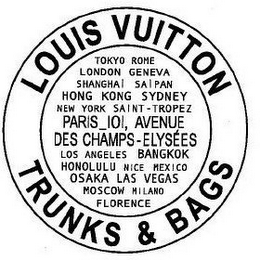 LOUIS VUITTON TRUNKS & BAGS TOKYO ROME LONDON GENEVA SHANGHAI SAIPAN HONG KONG SYDNEY NEW YORK SAINT - TROPEZ PARIS_101, AVENUE DES CHAMPS - ELYSEES LOS ANGELES BANGKOK HONOLULU NICE MEXICO OSAKA LAS VEGAS MOSCOW MILANO FLORENCE logo