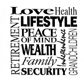 LOVE HEALTH LIFESTYLE RETIREMENT GRANDCHILDREN PEACE OF MIND WEALTH FAMILY SECURITY INDEPENDENCE logo