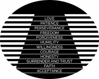 LOVE PATIENCE PERSEVERANCE FREEDOM FORGIVENESS HUMILITY WILLINGNESS COURAGE HONESTY SURRENDER AND TRUST FAITH ACCEPTANCE logo