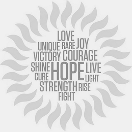 LOVE UNIQUE RARE JOY VICTORY COURAGE SHINE HOPE LIVE CURE LIGHT STRENGTH RISE FIGHT logo