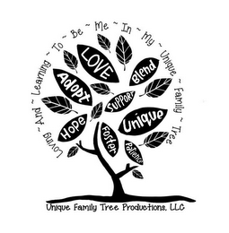 LOVING ~ AND ~ LEARNING ~ TO ~ BE ~ ME ~ IN ~ MY ~ UNIQUE ~ FAMILY ~ TREE HOPE ADOPT LOVE BLEND SUPPORT UNIQUE FOSTER PATIENCE UNIQUE FAMILY TREE PRODUCTIONS, LLC logo