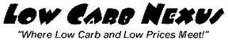 LOW CARB NEXUS "WHERE LOW CARB AND LOW PRICES MEET!" logo