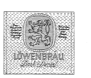 LOWENBRAU DARK SPECIAL BEER BREWED UNDER LICENSE AND AUTHORITY OF LOWENBRAU MUNICH LOWENBRAU ESTABLISHED 1383 MUNICH GERMANY BREWED IN U.S.A. BY MILLER BREWING CO. FORT WORTH, TX-IRWINDALE, CA-MILWAUKEE-FULTON, NY-EDEN, NC-ALBANY, GA logo
