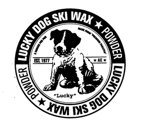 LUCKY DOG SKI WAX POWDER MADE FROM "PREMIUM PARAFFIN" EST. 1977 AE "LUCKY" 8 OUNCES PER PKG logo