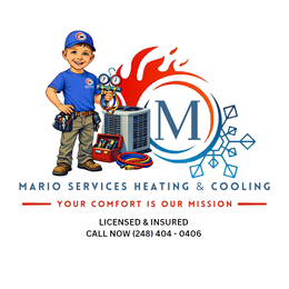 M M MARIO SERVICES HEATING & COOLING YOUR COMFORT IS OUR MISSION LICENSED & INSURED CALL NOW (248) 404- 0406 logo