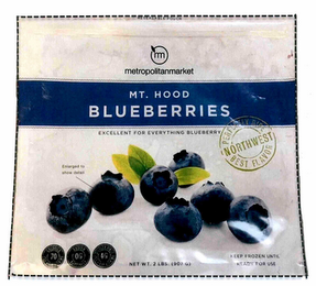 M METROPOLITANMARKET MT. HOOD BLUEBERRIES EXCELLENT FOR EVERYTHING BLUEBERRY PERFECTLY RIPE BEST FLAVOR NORTHWEST ENLARGED TO SHOW DETAIL, CALORIES 70 PER 1 CUP SERVING SODIUM 0G NATURALLY DIETARY FIBER 4G PER 1 CUP SERVING NET WT. 2 LBS. (907 G) KEEP FROZEN UNTIL READY FOR USE logo