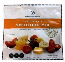 M METROPOLITANMARKET THE ULTIMATE SMOOTHIE MIX STRAWBERRY, BANANA, RASPBERRY, MANGO PERFECTLY RIPE BEST FLAVOR SMOOTHIE ENLARGED TO SHOW DETAIL, CALORIES 80 PER 1 CUP SERVING POTASSIUM 8% 300MG PER CUP DIETARY FIBER 4G PER 1 CUP SERVING NET WT. 2 LBS. (907 G) KEEP FROZEN UNTIL READY FOR USE logo