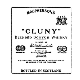 MACPHERSONS "CLUNY" BLENDED SCOTCH WHISKEY BOTTLED IN SCOTLAND BLENDED BY JOHN E. MCPHERSON & SONS LTD. EDINBURGH NEWCASTLE. UPON. TYNE & LONDON GREAT BRITAIN (ESTABLISHED 1857) A BLEND OF 100% SCOTCHWHISKIES BLENDED AND BOTTLED IN SCOTLANDBY THE SOLE PROPRIETORS. GOLD MEDAL logo