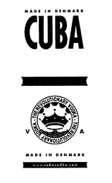 MADE IN DENMARK CUBA VODKA THE REVOLUTIONARY VODKA MADE IN DENMARK WWW.CUBAVODKA.COM logo