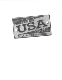 MADE IN THE USA SINCE 1902 NIOTA, TENNESSEE logo