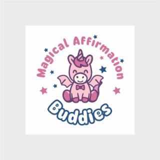 MAGICAL AFFIRMATION BUDDIES WORDING IN A CIRCLE DESIGN WITH SMALL DARK PINK AND NAVY BLUE STARS AND A PEGASUS-WINGED UNICORN CHARACTER INSIDE THE CIRCLE WORDING logo