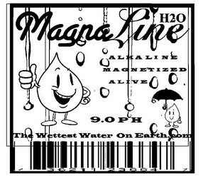 MAGNALINE H2O ALKALINE MAGNETIZED ALIVE 9.0 PH THE WETTEST WATER ON EARTH JUST DRINK IT! logo