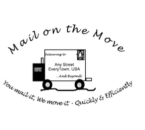 MAIL ON THE MOVE YOU MAIL IT, WE MOVE IT ~ QUICKLY & EFFICIENTLY DELIVERING TO. ANY STREET EVERYTOWN, USA ...AND BEYOND! logo
