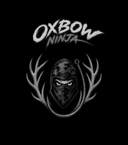 MAIN TEXT: "OXBOW" IN LARGE, BOLD, BRUSH-STROKE STYLE LETTERING WITH A SLIGHTLY DISTRESSED TEXTURE.SECONDARY TEXT: "NINJA" IN SMALLER, STYLIZED LETTERING POSITIONED DIRECTLY BELOW "OXBOW".CENTRAL FIGURE: A NINJA-STYLE BALACLAVA/MASK IN CAMOUFLAGE PATTERN, SHOWING ONLY THE EYES AND UPPER NOSE AREA. THE EYES HAVE A SHARP, INTENSE/ANGRY EXPRESSION WITH VISIBLE WHITE SCLERA AND DARK PUPILS.LEFT & RIGHT ANTLERS: LARGE, DETAILED DEER ANTLERS (BROWN/TAN WITH HIGHLIGHTS) SYMMETRICALLY FRAMING THE NINJA HEAD ON BOTH SIDES.FISH HOOK: A LARGE, METALLIC BRONZE/GOLD-COLORED FISHING HOOK CURVING FROM THE BOTTOM, LOOPING AROUND THE LOWER PART OF THE NINJA HEAD AND CONNECTING NEAR THE RIGHT ANTLER. logo