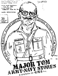 MAJOR TOM ARMY-NAVY STORES A DIVISION OF G M S INC. THE REAL THING*GENUINE MILITARY SURPLUS GENUINE MILITARY SURPLUS*THE REAL MAJOR TOM logo