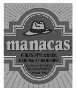 MANACAS CUBAN STYLE BEER ORIGINAL CUBA RECIPE ALCOHOL 5% BY VOLUME NET CONTENTS 330 ML CERVEZA BEER logo