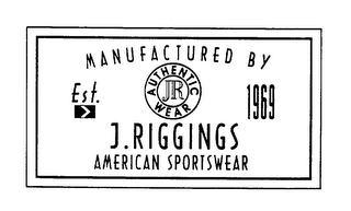 MANUFACTURED BY JR AUTHENTIC WEAR EST. 1969 J.RIGGINGS AMERICAN SPORTSWEAR logo