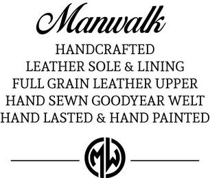 MANWALK HANDCRAFTED LEATHER SOLE & LINING FULL GRAIN LEATHER UPPER HAND SEWN GOODYEAR WELT HAND LASTED & HAND PAINTED MW logo
