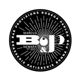 MARCUS B&P NEWARK EST. 2017 BAR PROVISIONS BODEGA PARLOR PUB BUNNA PATISSERIE BRASSERIE logo