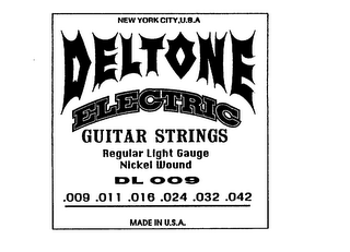 MARK NEW YORK CITY, U.S.A DELTONE ELECTRIC GUITAR STRINGS REGULAR LIGHT GAUGE NICKEL WOUND DL 009 .009 .011 .016 .024 .032 .042 MADE IN U.S.A logo
