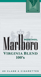 MARLBORO VIRGINIA BLEND 100'S MENTHOL 20 CLASS A CIGARETTES FINE TOBACCOS logo