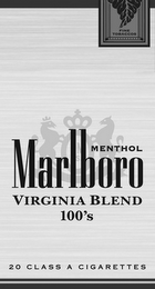 MARLBORO VIRGINIA BLEND 100'S MENTHOL 20 CLASS A CIGARETTES FINE TOBACCOS logo