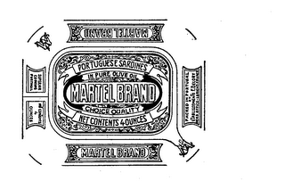 MARTEL BRAND PORTUGUESE SARDINES IN PUREOLIVE OIL CHOICE QUALITY NET CONTENTS 4 OUNCES SUPERIOR COOKING PACKED IN PORTUGAL BY ETABLISSEMENTS F. BELORY HEAD OFFICE LORIENT-FRANCE logo