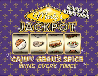 MARTY'S JACKPOT CAJUN GEAUX SPICE WINS EVERY TIME! GEAUX ON EVERYTHING logo