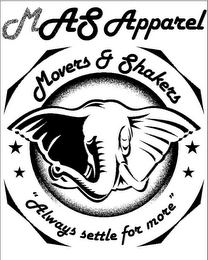 M.A.S. APPAREL MOVERS & SHAKERS "ALWAYS SETTLE FOR MORE" logo