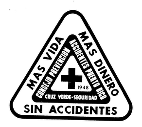 MAS VIDA MAS DINERO SIN ACCIDENTES CONSEJO PREVENCION ACCIDENTES PUERTO RICO CRUZ VERDE-SGURIDAD + 1948 logo