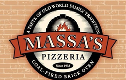 MASSA'S PIZZERIA SINCE 1933 A TASTE OF OLD WORLD FAMILY TRADITION COAL-FIRED BRICK OVEN logo