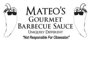 MATEO'S GOURMET BARBEQUE SAUCE UNIQUELY DIFFERENT "NOT RESPONSIBLE FOR OBSESSION" logo