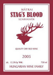MATRAI STAG'S BLOOD SZARVASVER QUALITY DRY RED WINE, HUNGARIAN WINE FAMILY 2005 ALC 12.5% BY VOL 750ML logo