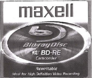 MAXELL B BLU-RAY DISC BD-RE CAMCORDER REWRITABLE IDEAL FOR HIGH DEFINITION VIDEO RECORDING logo