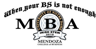 MBA WHEN YOUR BS IS NOT ENOUGH UNIVERSITY OF NOTRE DAME IRISH STEW 2010 MEDOZA COLLEGE OF BUSINESS logo
