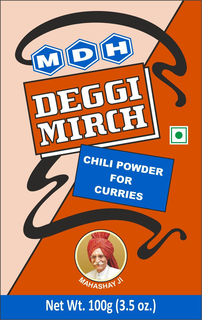 MDH DEGGI MIRCH CHILI POWDER FOR CURRIES MAHASHAY JI NET WT. 100 G (3.5 OZ.) logo