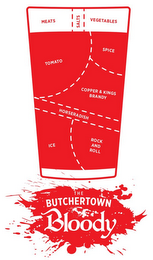 MEATS SALTS VEGETABLES TOMATO SPICE COPPER & KINGS BRANDY HORSERADISH ICE ROCK AND ROLL THE BUTCHERTOWN BLOODY logo