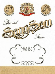 MEDALLA DE ORO ALA CAILDAD INTERNACIONALBEBIDAS ALCOHOLICAS, MADRID 1982, MADRID 1983, SPECIAL SANGSOM RUM 80 PROOF, 0.70L, DISTILLED AGED BLENDED AND BOTTLED BY SANG SOM CO. LTD., THAILAND UNDER THAI GOVERNMENT SUPERVISION logo