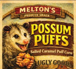 MELTON'S PRODUCE SHACK POSSUM PUFFS SALTED CARAMEL PUFF CORN UGLY GOOD. logo
