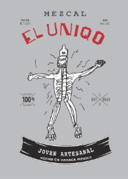 MEZCAL EL UNIQO JOVEN ARTESANAL HECHO EN OAXACA MEXICO 750 ML. NET CONT. 42% ALC.VOL MAGUEY 100% ESPADIN OAX EST 2025 logo