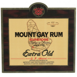 MG MOUNT GAY MAP OF THE ISLAND OF BARBADOS MOUNT GAY RUM BARBADOS PERFECTED BY TRADITION SINCE 1703 EXTRA OLD TRADE A.F. WARD MARK BLENDED AND EXPORTED BY MOUNT GAY DISTILLERIES LIMITED BRANDONS, ST. MICHAEL, BARBADOS, WEST INDIES logo