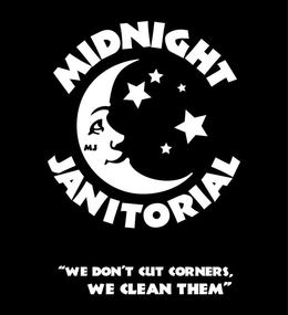 MIDNIGHT JANITORIAL MJ "WE DON'T CUT CORNERS, WE CLEAN THEM" logo