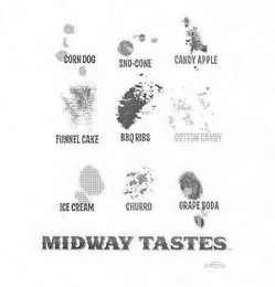 MIDWAY TASTES, CORN DOG, SNO-CONE, CANDY APPLE, FUNNEL CAKE, BBQ RIBS, COTTON CANDY, ICE CREAM, CHURRO, GRAPE SODA logo