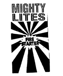 MIGHTY LITES QUICK START FOR: BARBECUES FIREPLACES CAMPFIRES WOODSTOVES WATERPROOF FIRE STARTER CLEAN BURNING GREAT FOR: BACK PACKERS CAMP FIRES COOKING BOIL WATER RECYCLED PRODUCT ENVIRONMENTALLY FRIENDLY MADE IN U.S.A. PATENT PENDING logo