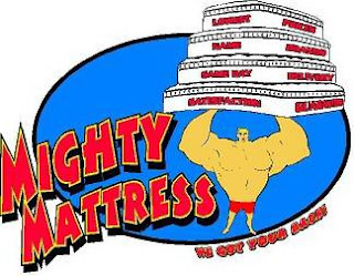 MIGHTY MATTRESS WE GOT YOUR BACK LOWEST PRICES NAME BRANDS SAME DAY DELIVERY SATISFACTION GUARANTEED logo