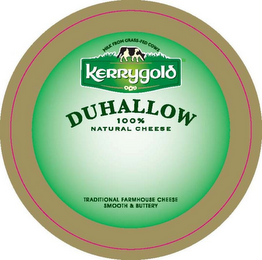 MILK FROM GRASS-FED COWS KERRYGOLD DUHALLOW 100% NATURAL CHEESE TRADITIONAL FARMHOUSE CHEESE SMOOTH & BUTTERY logo