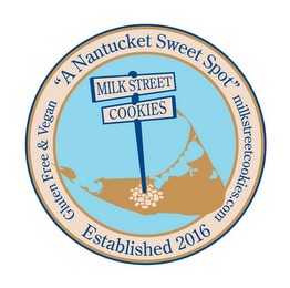 MILK STREET COOKIES "A NANTUCKET SWEET SPOT" MILKSTREETCOOKIES.COM ESTABLISHED 2016 GLUTEN FREE & VEGAN logo