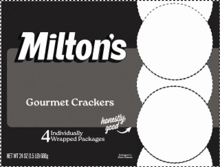 MILTON'S GOURMET CRACKERS HONESTLY, GOOD 4 INDIVIDUALLY WRAPPED PACKAGES ENLARGED TO SHOW TEXTURE NET WT 24 OZ (1.5 LB) 680G logo