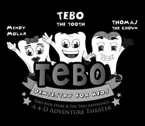 MINDY MOLAR TEBO THE TOOTH THOMAS THE CROWN TEDO DENISTRY FOR KIDS TEBO KIDS STORE & THE TEBO EXPERIENCE: A 4-D ADVENTURE THEATER logo