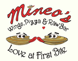 MINEO'S WINGS, PIZZA & RAW BAR LOVE AT FIRST BITE logo